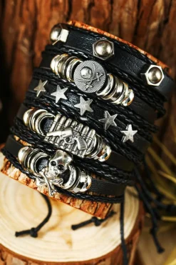 Clearance Dear-Lover Gun Skull Star PU Leather Bracelet Set Black