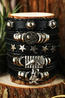 Clearance Dear-Lover Gun Skull Star PU Leather Bracelet Set Black