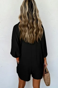 Best Dear-Lover Half Button Collared Loose Romper Black