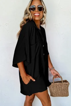 Best Dear-Lover Half Button Collared Loose Romper Black