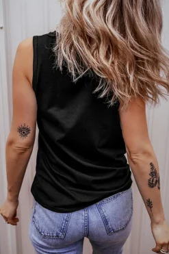 Hot Dear-Lover Half Button V Neck Patched Pocket Tank Top Black