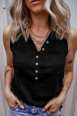Hot Dear-Lover Half Button V Neck Patched Pocket Tank Top Black