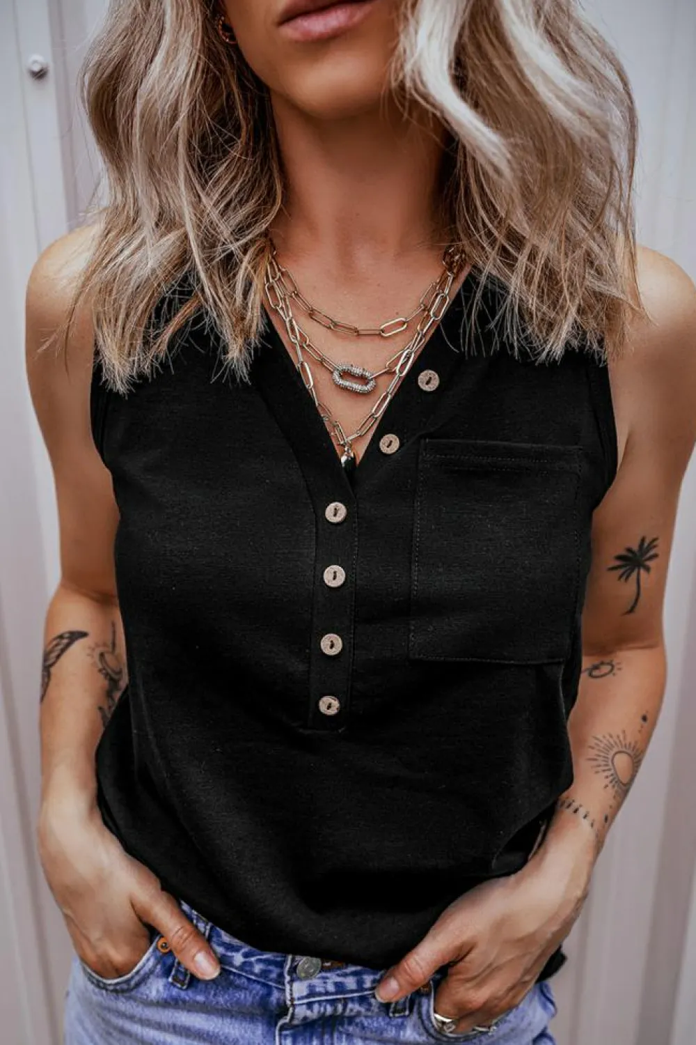 Hot Dear-Lover Half Button V Neck Patched Pocket Tank Top Black