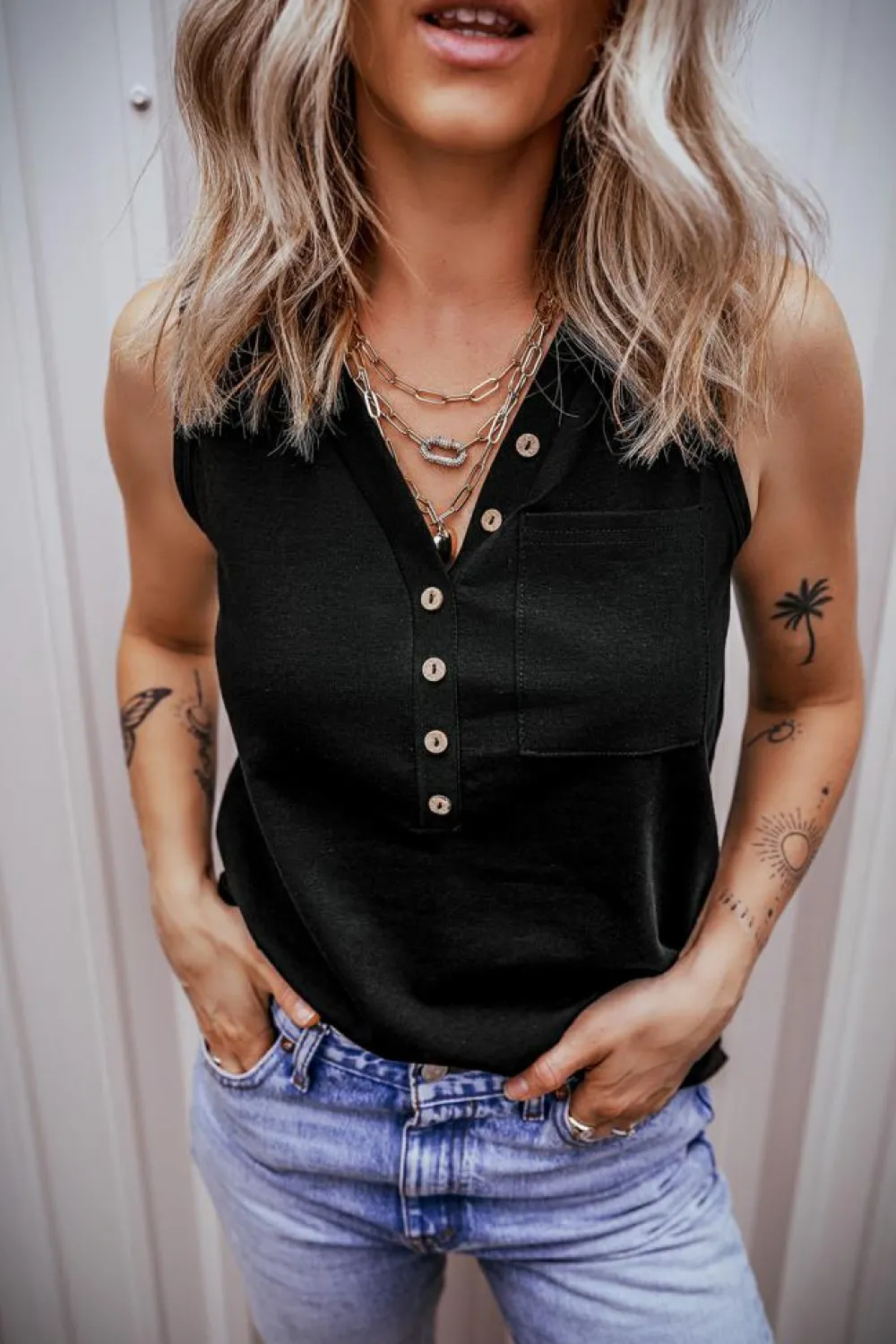 Hot Dear-Lover Half Button V Neck Patched Pocket Tank Top Black