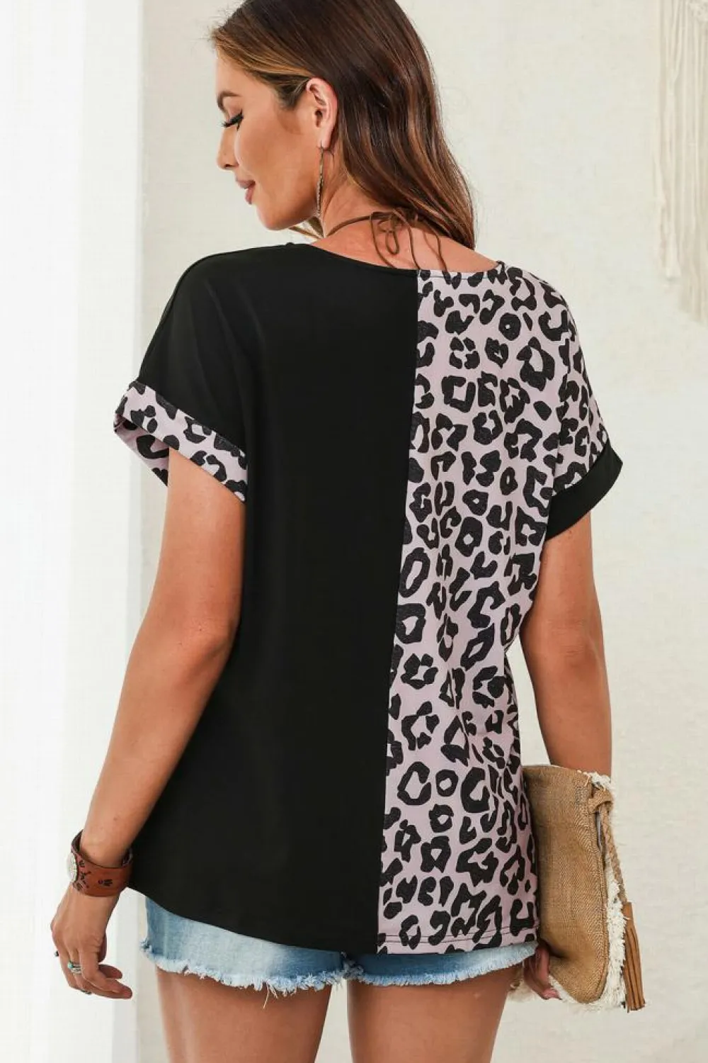 Discount Dear-Lover Half Leopard Patchwork Short Sleeves Top Black