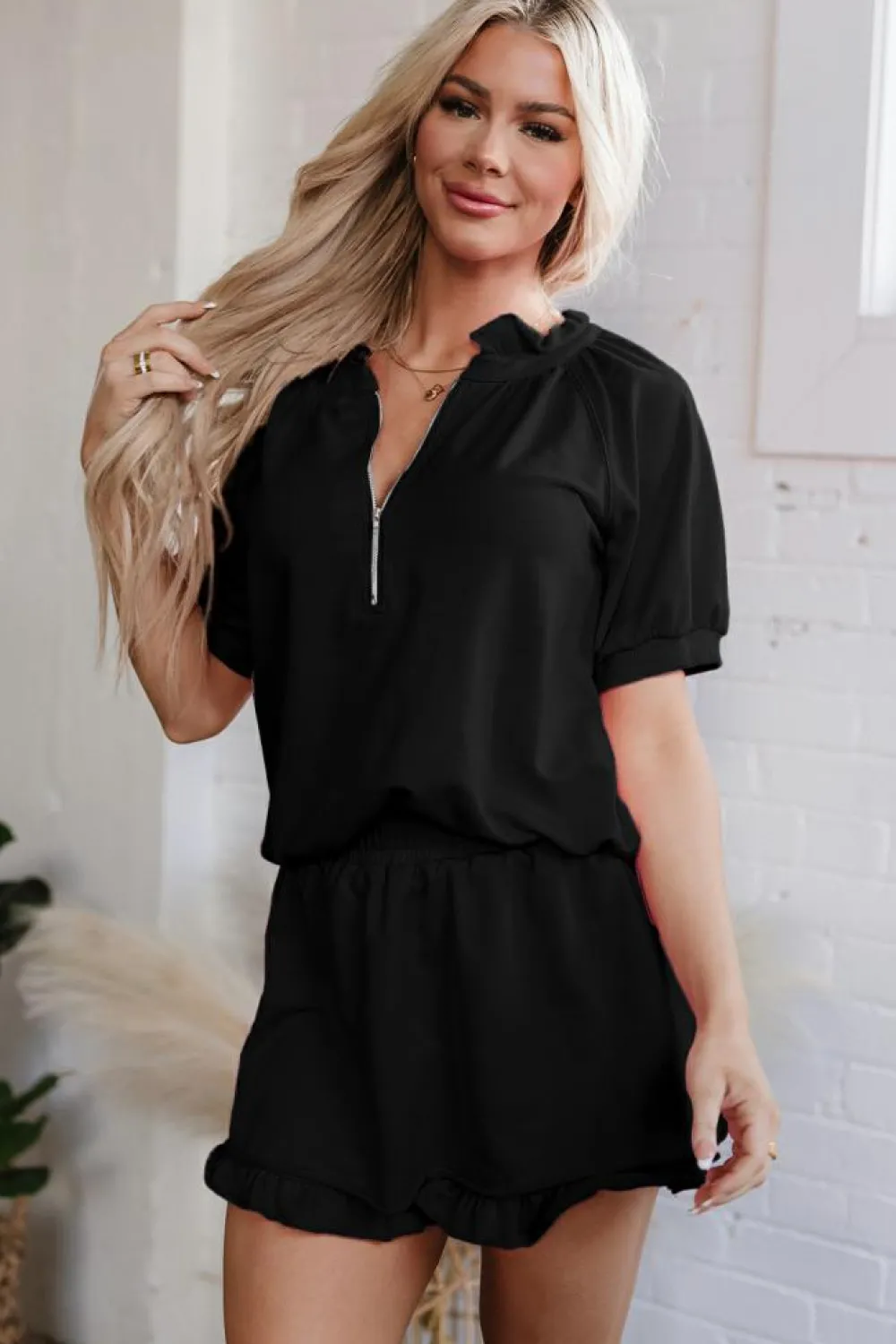 Best Dear-Lover Half Zip Puff Sleeve Top and Ruffled Shorts Set Black