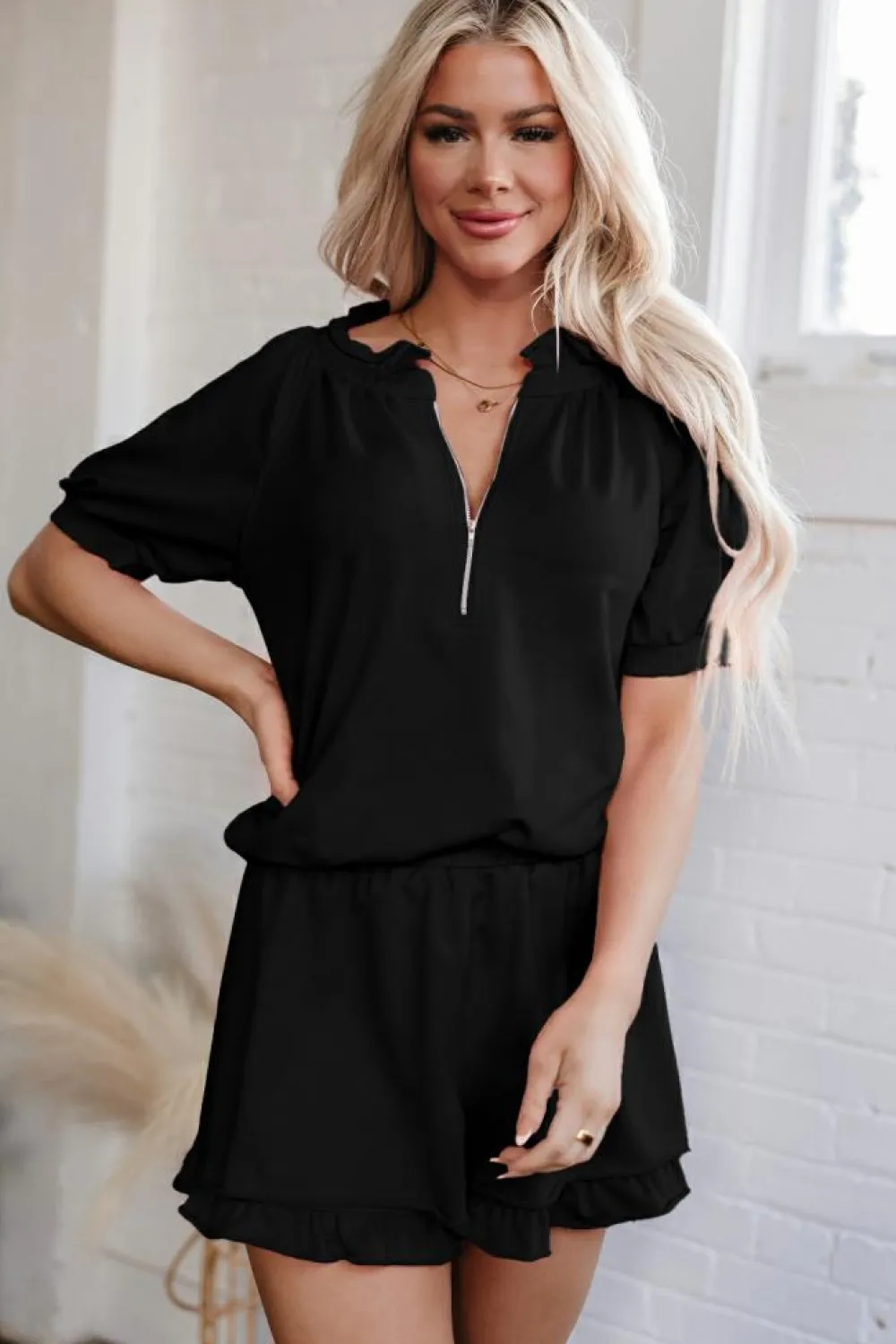Best Dear-Lover Half Zip Puff Sleeve Top and Ruffled Shorts Set Black