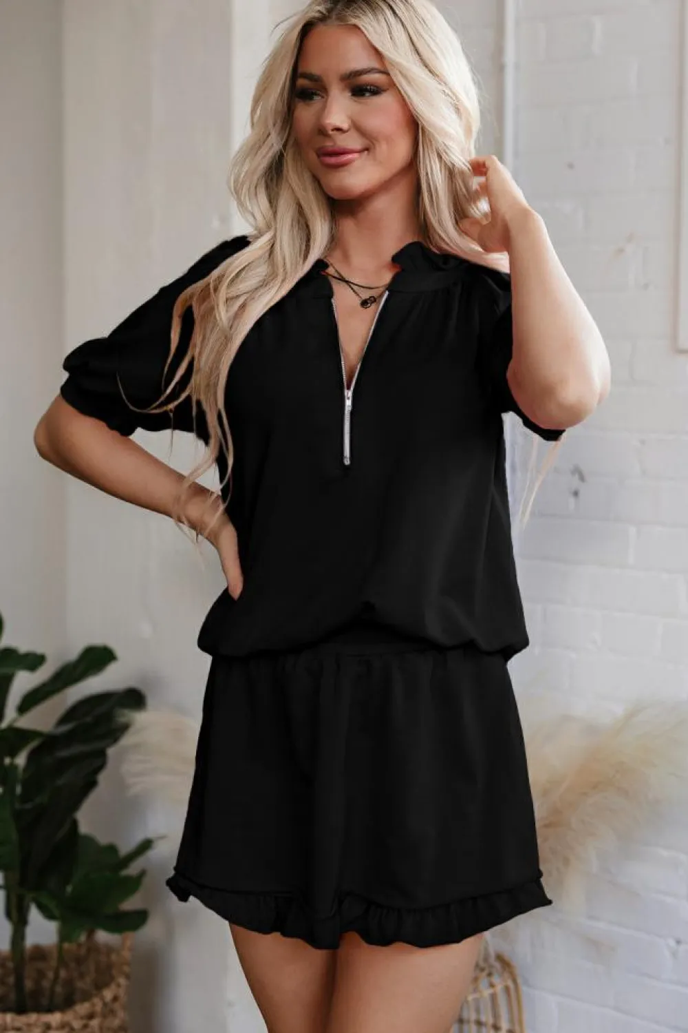 Best Dear-Lover Half Zip Puff Sleeve Top and Ruffled Shorts Set Black