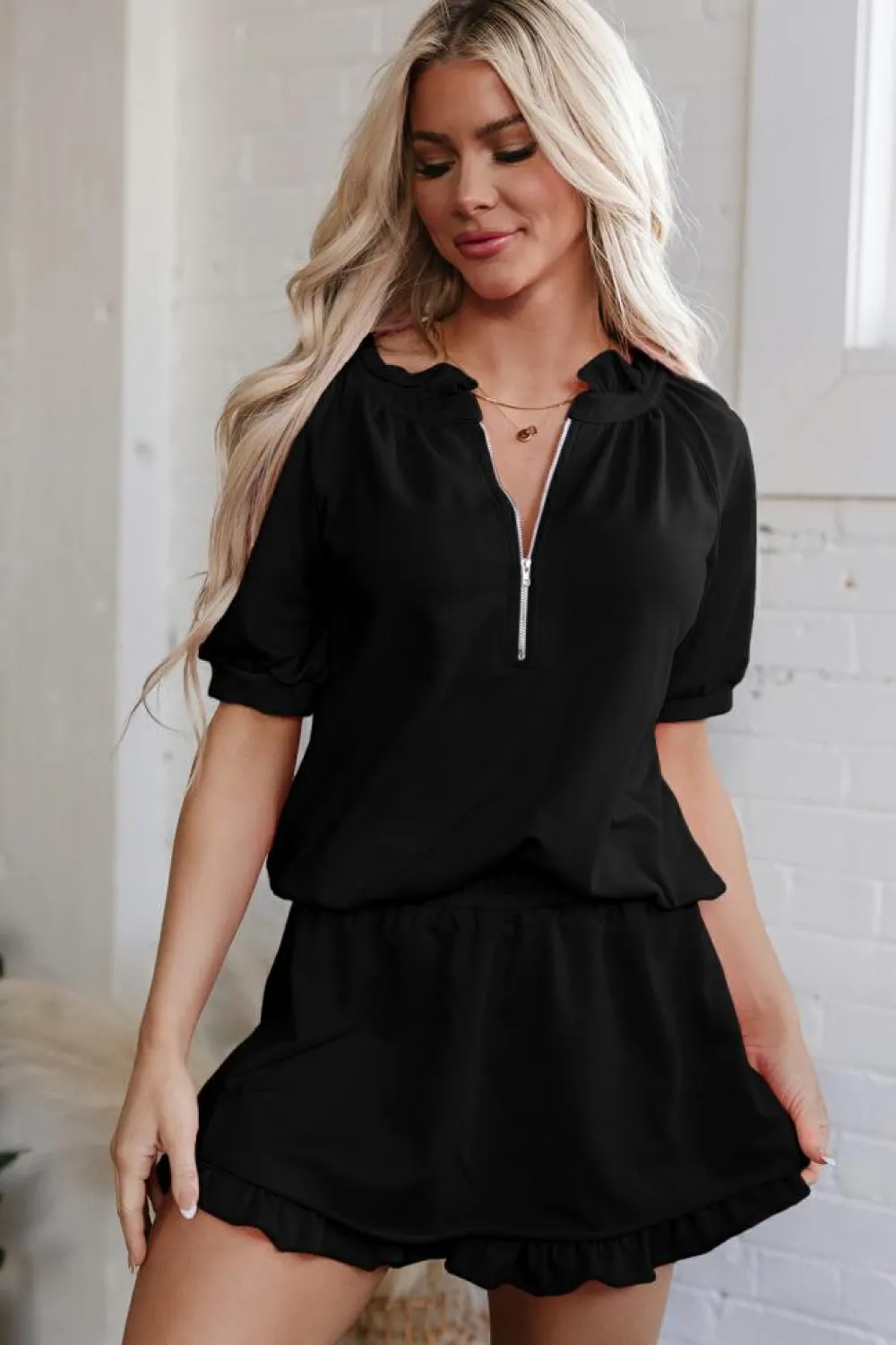 Best Dear-Lover Half Zip Puff Sleeve Top and Ruffled Shorts Set Black