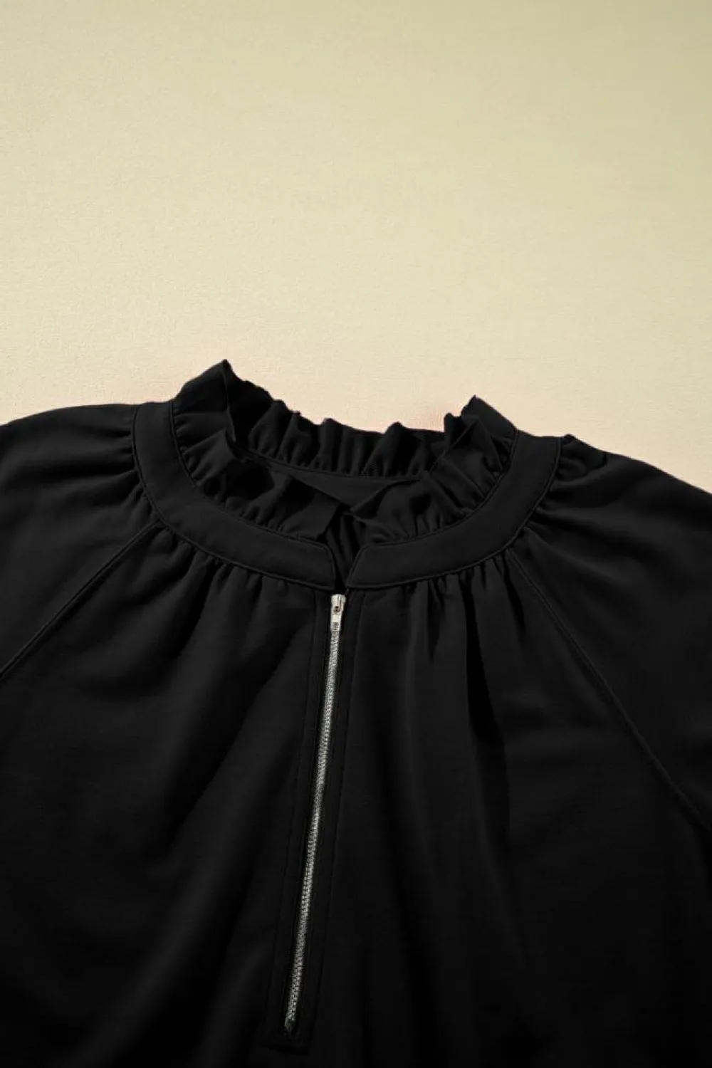 Best Dear-Lover Half Zip Puff Sleeve Top and Ruffled Shorts Set Black
