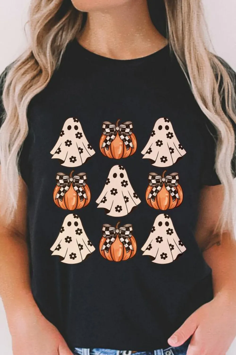 Discount Dear-Lover Halloween Ghost Pumpkin Print Crew Neck T Shirt Black