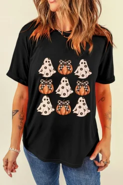 Discount Dear-Lover Halloween Ghost Pumpkin Print Crew Neck T Shirt Black