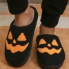 Sale Dear-Lover Halloween Pumpkin Face Graphic Plush Slippers Black
