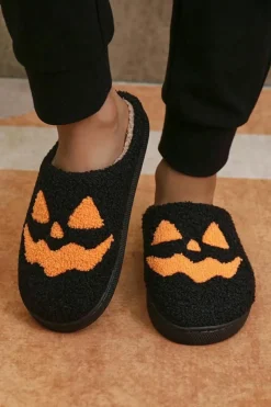 Sale Dear-Lover Halloween Pumpkin Face Graphic Plush Slippers Black
