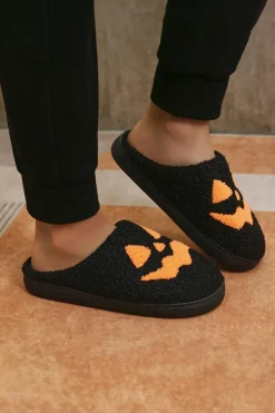 Sale Dear-Lover Halloween Pumpkin Face Graphic Plush Slippers Black