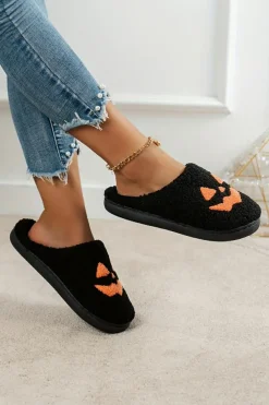 Sale Dear-Lover Halloween Pumpkin Face Graphic Plush Slippers Black