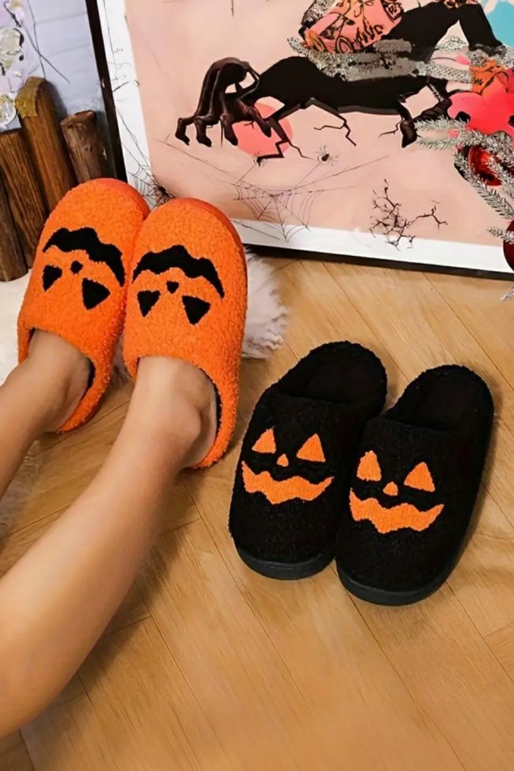 Sale Dear-Lover Halloween Pumpkin Face Graphic Plush Slippers Black