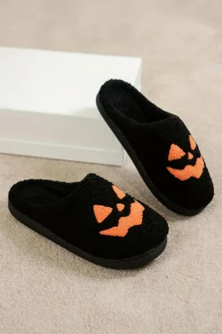 Sale Dear-Lover Halloween Pumpkin Face Graphic Plush Slippers Black