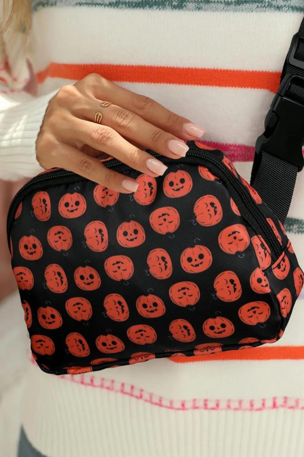 Best Dear-Lover Halloween Pumpkin Print Buckle Strap Square Crossbody Bag Black