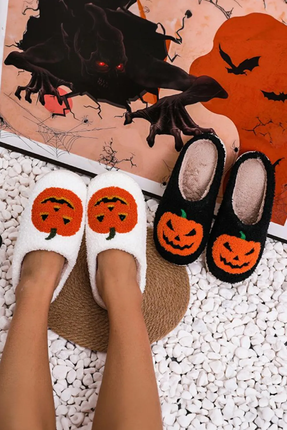 Best Dear-Lover Halloween Pumpkin Print Plush Slippers Black