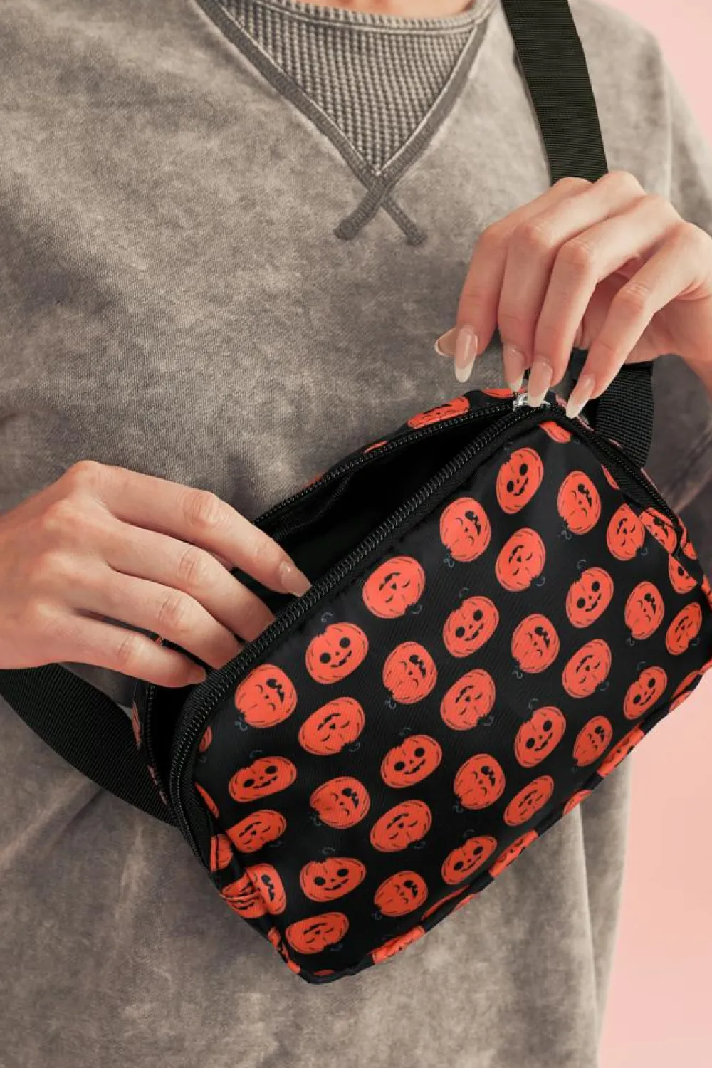 Best Dear-Lover Halloween Pumpkin Print Buckle Strap Square Crossbody Bag Black