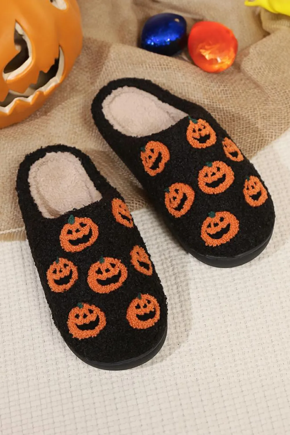 Online Dear-Lover Halloween Pumpkin Plush Home Slippers Black