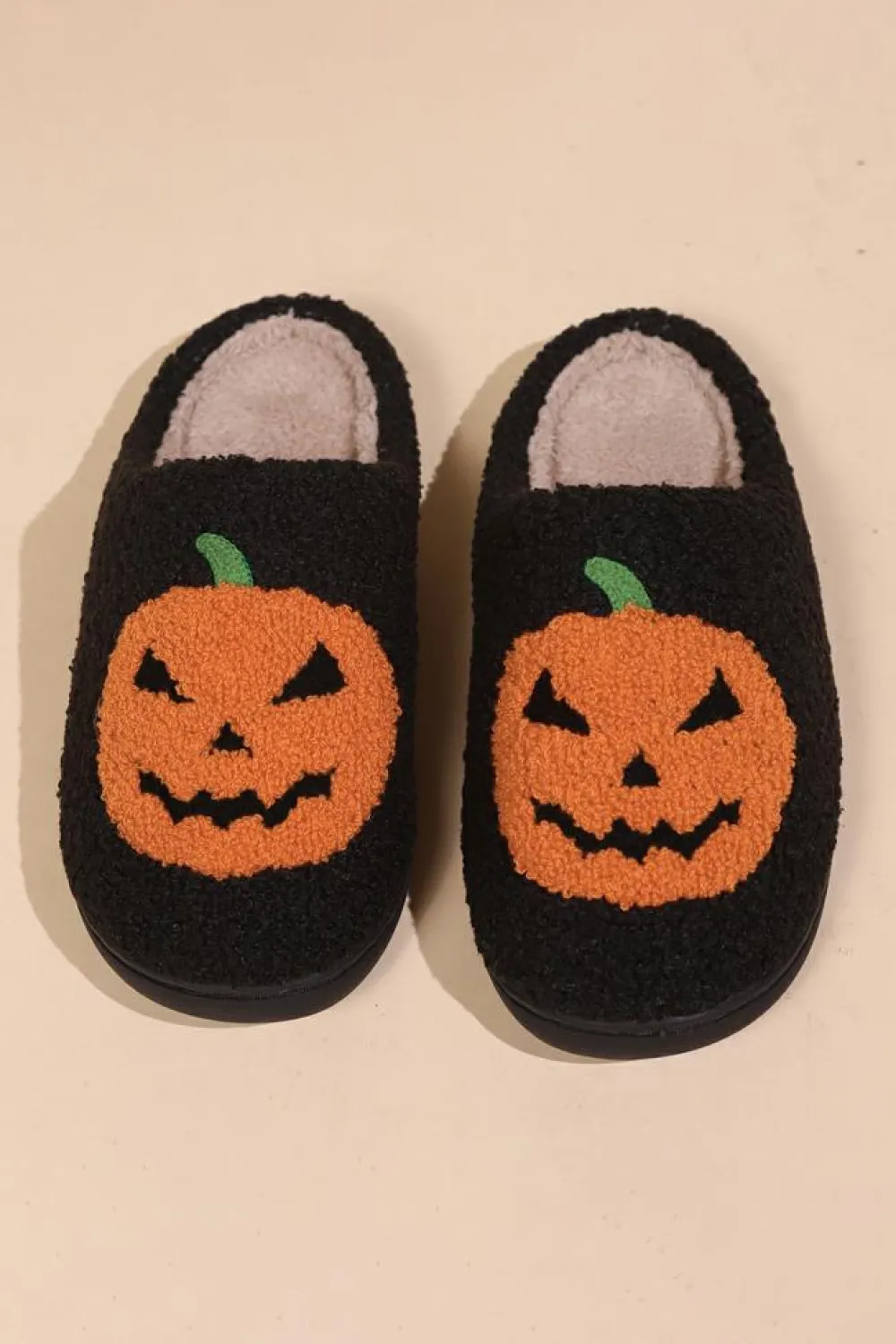 Best Dear-Lover Halloween Pumpkin Print Plush Slippers Black