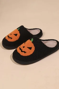 Best Dear-Lover Halloween Pumpkin Print Plush Slippers Black