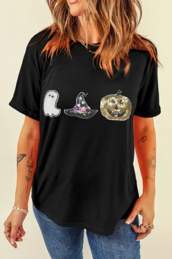 Online Dear-Lover Halloween Sequin Pattern Patched Crewneck Tee Black