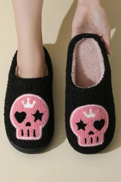 Outlet Dear-Lover Halloween Skull Printed Plush Winter Home Slippers Black