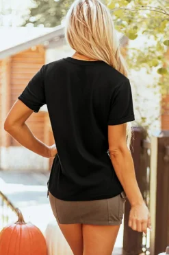 New Dear-Lover Halloween Spooky Crew Neck Casual Graphic Tee Black
