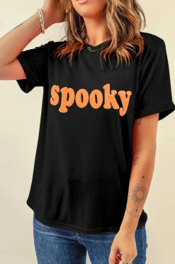 New Dear-Lover Halloween Spooky Crew Neck Casual Graphic Tee Black