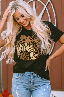 Clearance Dear-Lover Halloween Sunflower Pumpkin Graphic Tee Black