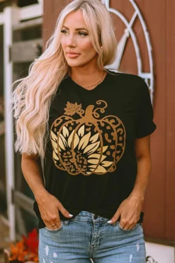 Clearance Dear-Lover Halloween Sunflower Pumpkin Graphic Tee Black