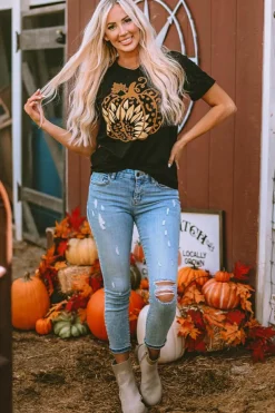 Clearance Dear-Lover Halloween Sunflower Pumpkin Graphic Tee Black