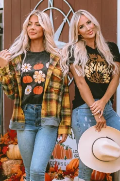 Clearance Dear-Lover Halloween Sunflower Pumpkin Graphic Tee Black