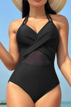 New Dear-Lover Halter Mesh Insert Cross Front One-Piece Swimsuit Black