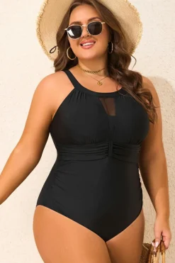 Outlet Dear-Lover Halter Mesh Insert Knotted Back One Piece Plus Size Swimsuit Black