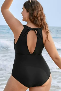 Outlet Dear-Lover Halter Mesh Insert Knotted Back One Piece Plus Size Swimsuit Black