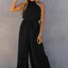 New Dear-Lover Halter Neck Pleated Wide Leg Jumpsuit with Belt Black