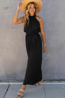 New Dear-Lover Halter Neck Pleated Wide Leg Jumpsuit with Belt Black