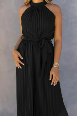 New Dear-Lover Halter Neck Pleated Wide Leg Jumpsuit with Belt Black