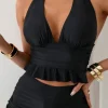 Outlet Dear-Lover Halter V Neck Ruffled Swim Top and Drawstring Ruched High Waist Bikini Black