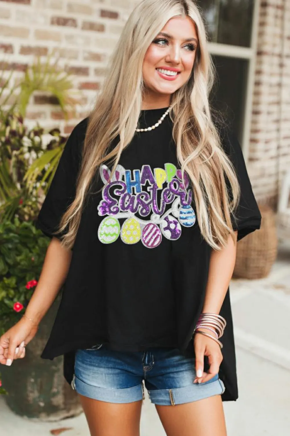 Online Dear-Lover Happy Easter Sequin Graphic Dropped Shoulder T Shirt Black