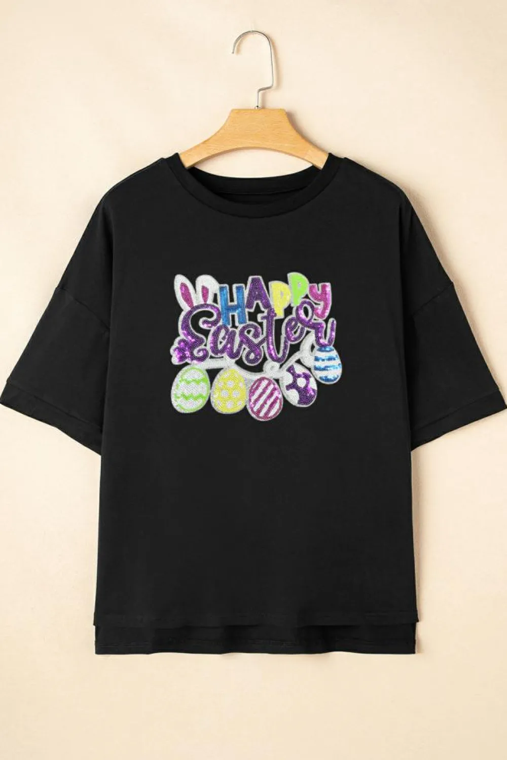 Online Dear-Lover Happy Easter Sequin Graphic Dropped Shoulder T Shirt Black