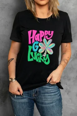 Sale Dear-Lover Happy GO Lucky Clover Print Crew Neck T Shirt Black