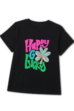 Sale Dear-Lover Happy GO Lucky Clover Print Crew Neck T Shirt Black