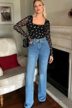 Outlet Dear-Lover Heart Shape Mesh Patchwork Square Neck Bodysuit Black
