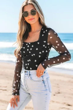 Outlet Dear-Lover Heart Shape Mesh Patchwork Square Neck Bodysuit Black