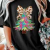 Sale Dear-Lover Heat Transfer Printing Christmas Tree Bowknot T-Shirt Black